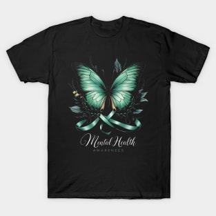 Womens Mental Health Awareness Butterflies Green Ribbon Girl T-Shirt